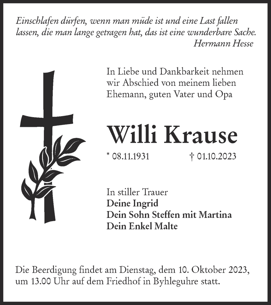  Traueranzeige für Willi Krause vom 07.10.2023 aus Lausitzer Rundschau