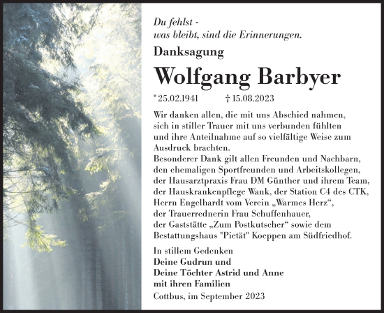Traueranzeige von Wolfgang Barbyer von Lausitzer Rundschau