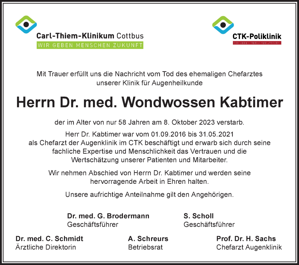  Traueranzeige für Wondwossen Kabtimer vom 28.10.2023 aus Lausitzer Rundschau