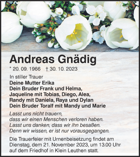 Traueranzeige von Andreas Gnädig von Lausitzer Rundschau