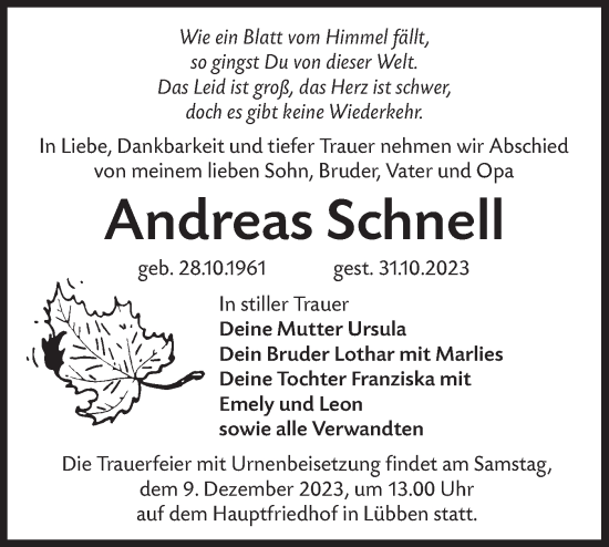 Traueranzeige von Andreas Schnell von Lausitzer Rundschau