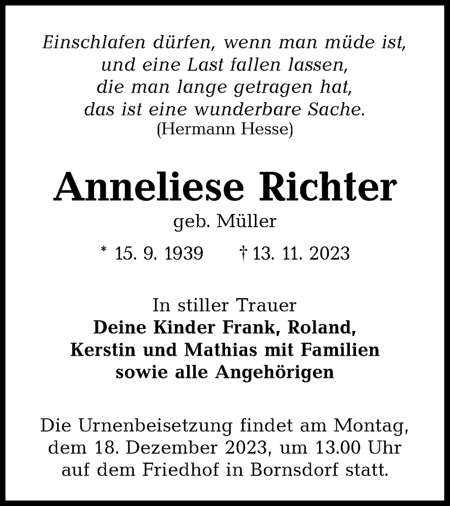  Traueranzeige für Anneliese Richter vom 25.11.2023 aus Lausitzer Rundschau