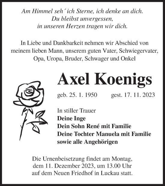 Traueranzeige von Axel Koenigs von Lausitzer Rundschau
