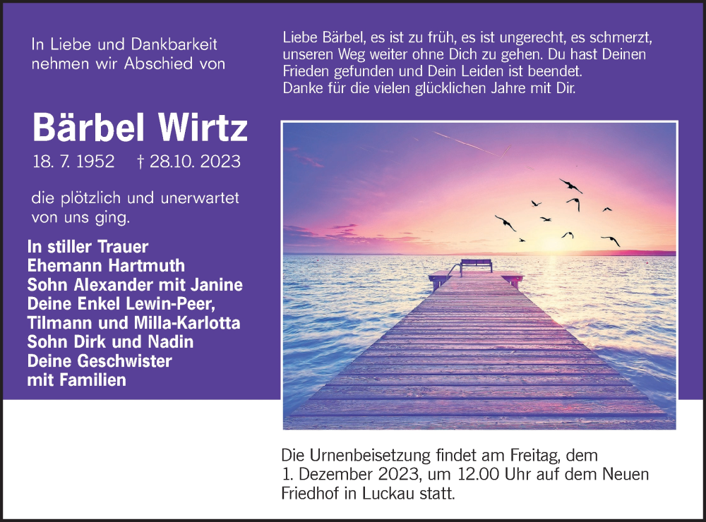  Traueranzeige für Bärbel Wirtz vom 11.11.2023 aus Lausitzer Rundschau