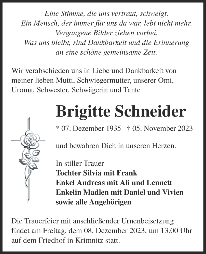 Traueranzeige für Brigitte Schneider vom 18.11.2023 aus Lausitzer Rundschau
