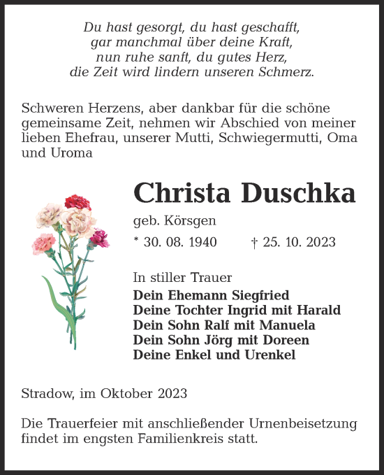 Traueranzeige von Christa Duschka von Lausitzer Rundschau