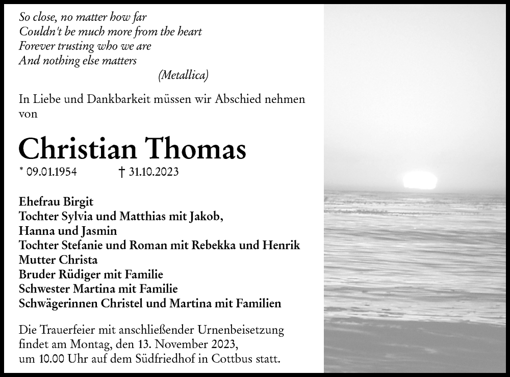  Traueranzeige für Christian Thomas vom 04.11.2023 aus Lausitzer Rundschau