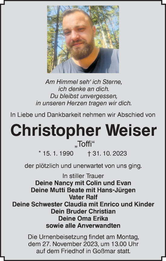 Traueranzeige von Christopher Weiser von Lausitzer Rundschau