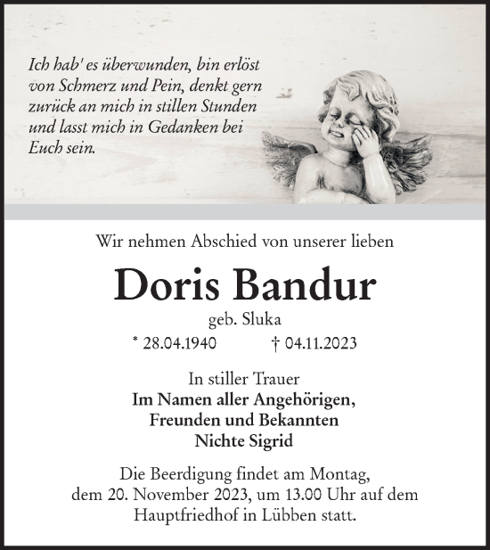 Traueranzeige von Doris Bandur von Lausitzer Rundschau