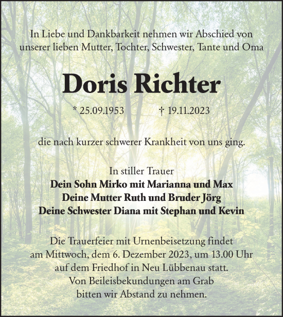 Traueranzeige von Doris Richter von Lausitzer Rundschau