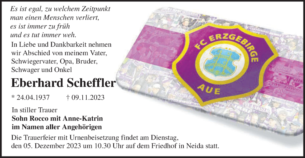  Traueranzeige für Eberhard Scheffler vom 18.11.2023 aus Lausitzer Rundschau