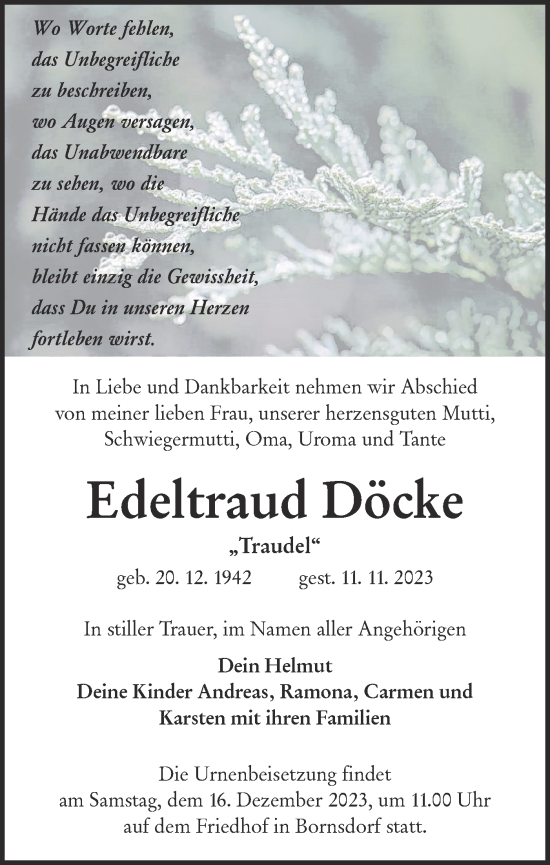 Traueranzeige von Edeltraud Döcke von Lausitzer Rundschau