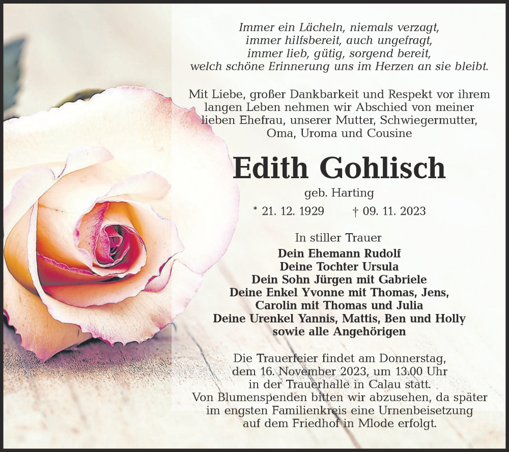  Traueranzeige für Edith Gohlisch vom 11.11.2023 aus Lausitzer Rundschau