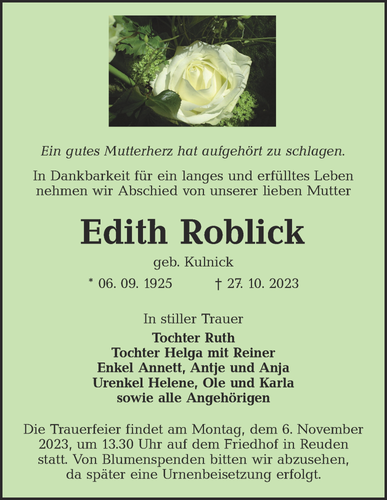  Traueranzeige für Edith Roblick vom 04.11.2023 aus Lausitzer Rundschau