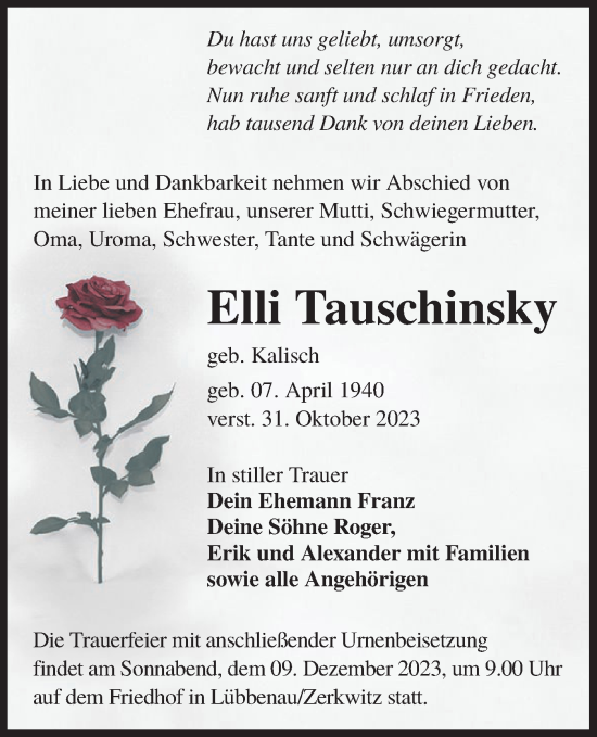 Traueranzeige von Elli Tauschinsky von Lausitzer Rundschau
