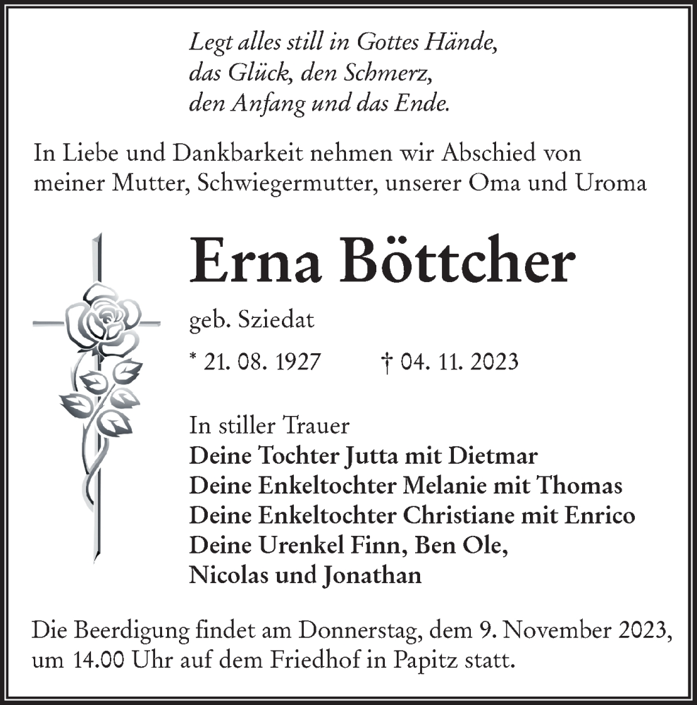  Traueranzeige für Erna Böttcher vom 08.11.2023 aus Lausitzer Rundschau
