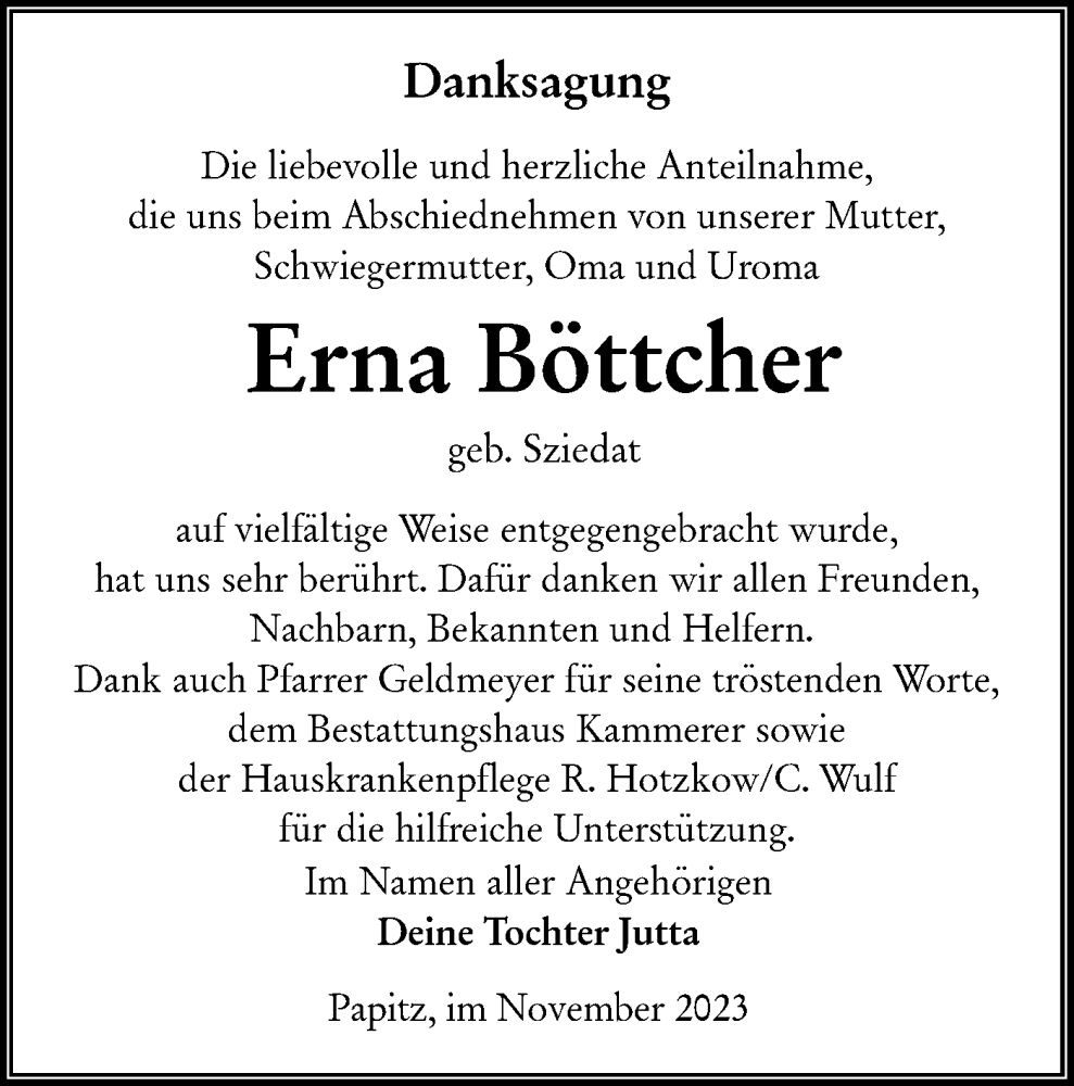  Traueranzeige für Erna Böttcher vom 18.11.2023 aus Lausitzer Rundschau