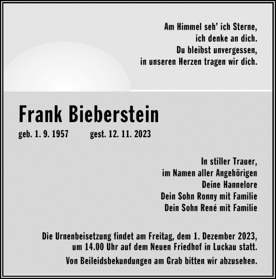 Traueranzeige von Frank Bieberstein von Lausitzer Rundschau