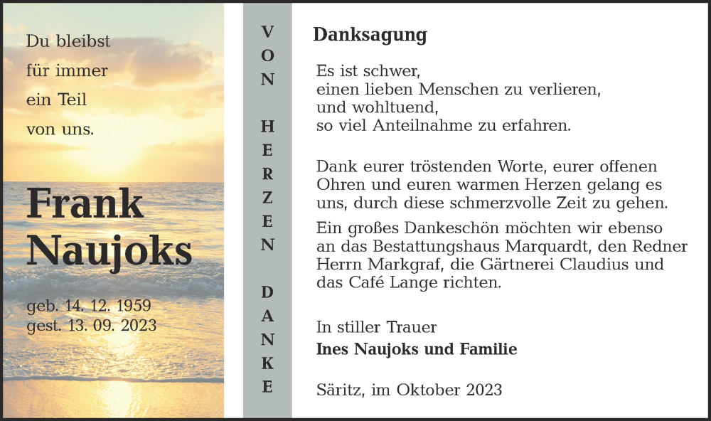  Traueranzeige für Frank Naujoks vom 04.11.2023 aus Lausitzer Rundschau