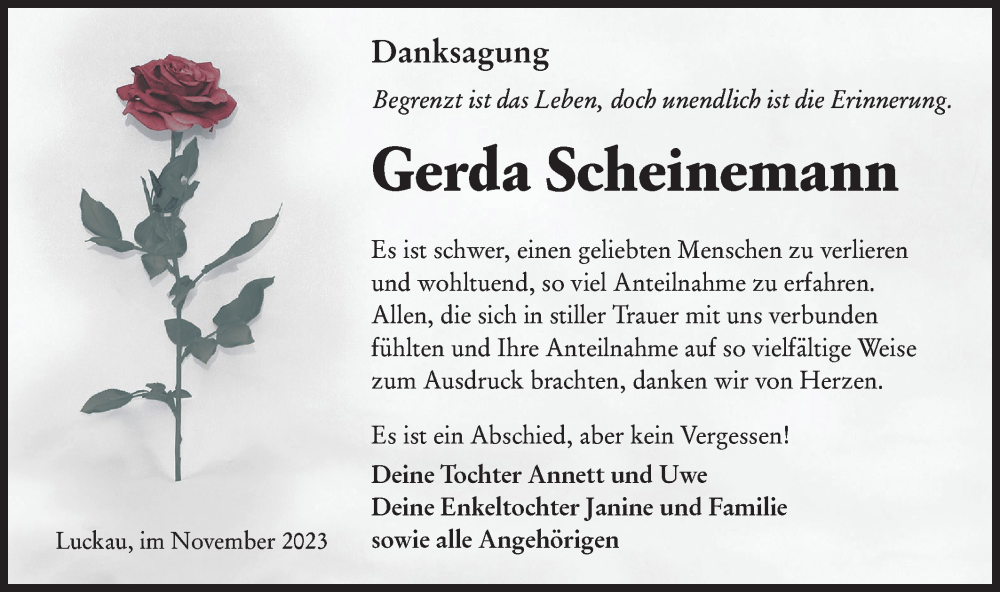  Traueranzeige für Gerda Scheinemann vom 25.11.2023 aus Lausitzer Rundschau