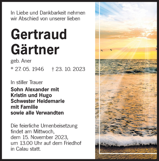 Traueranzeige von Gertraud Gärtner von Lausitzer Rundschau