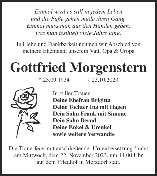 Traueranzeige von Gottfried Morgenstern von Lausitzer Rundschau