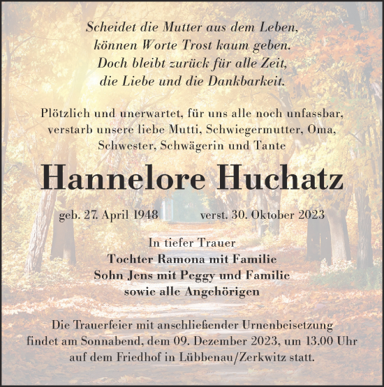 Traueranzeige von Hannelore Huchatz von Lausitzer Rundschau