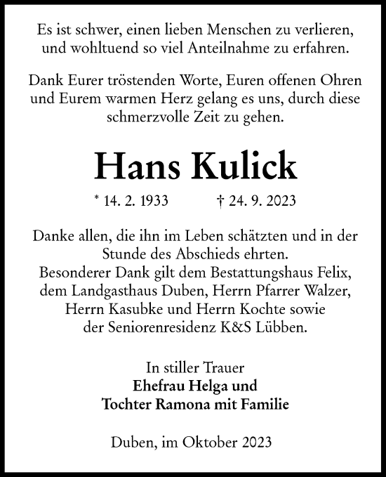 Traueranzeige von Hans Kulick von Lausitzer Rundschau