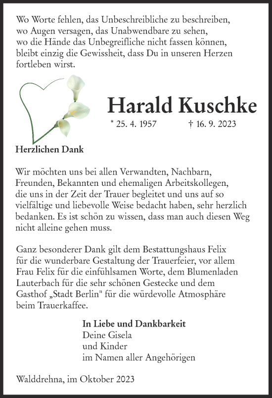 Traueranzeige von Harald Kuschke von Lausitzer Rundschau