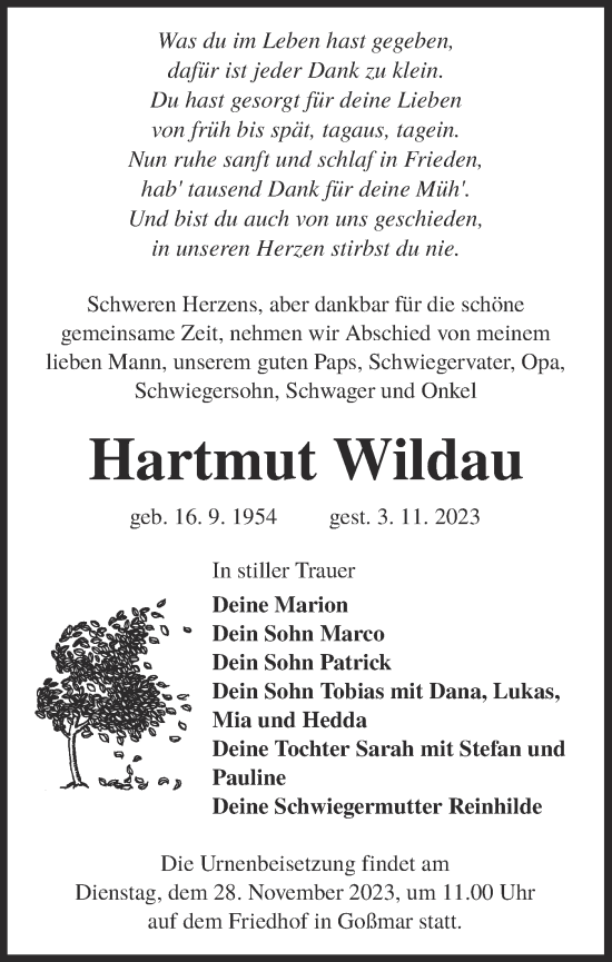 Traueranzeige von Hartmut Wildau von Lausitzer Rundschau