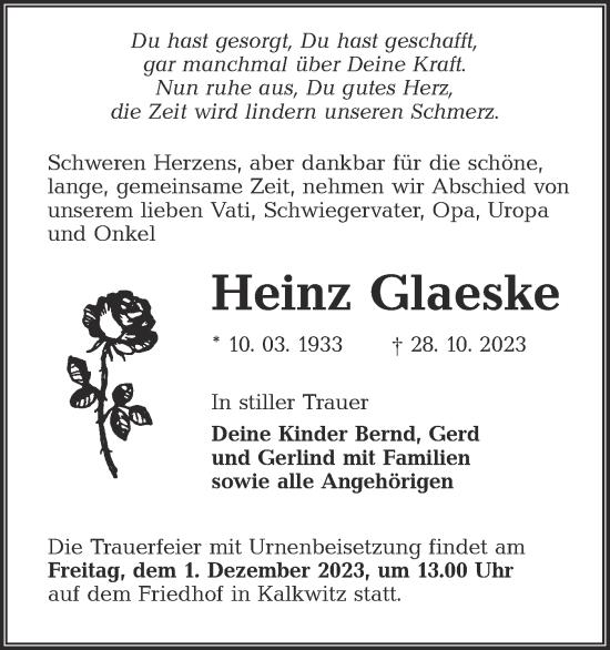 Traueranzeige von Heinz Glaeske von Lausitzer Rundschau