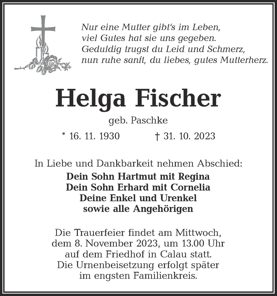  Traueranzeige für Helga Fischer vom 04.11.2023 aus Lausitzer Rundschau