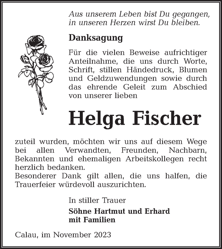 Traueranzeige für Helga Fischer vom 25.11.2023 aus Lausitzer Rundschau