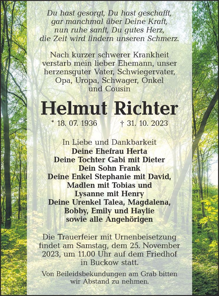  Traueranzeige für Helmut Richter vom 11.11.2023 aus Lausitzer Rundschau