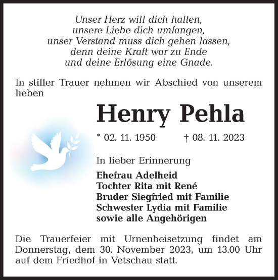 Traueranzeige von Henry Pehla von Lausitzer Rundschau