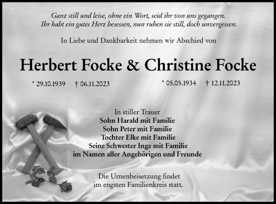 Traueranzeige von Herbert und Christine Focke von Lausitzer Rundschau