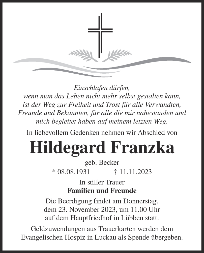  Traueranzeige für Hildegard Franzka vom 18.11.2023 aus Lausitzer Rundschau