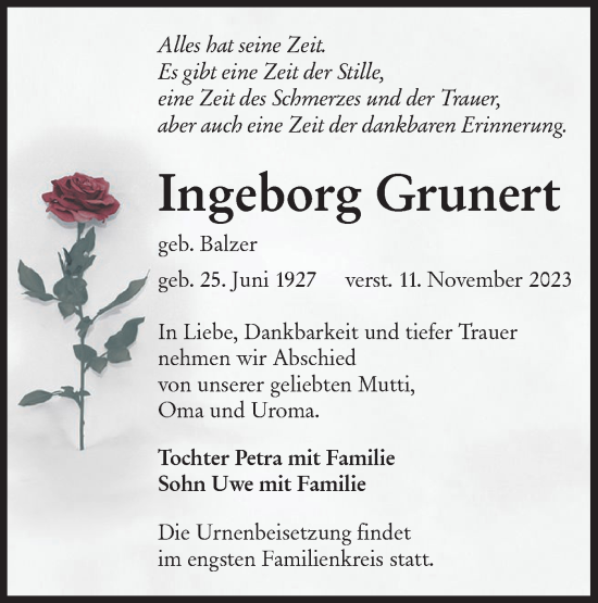 Traueranzeige von Ingeborg Grunert von Lausitzer Rundschau