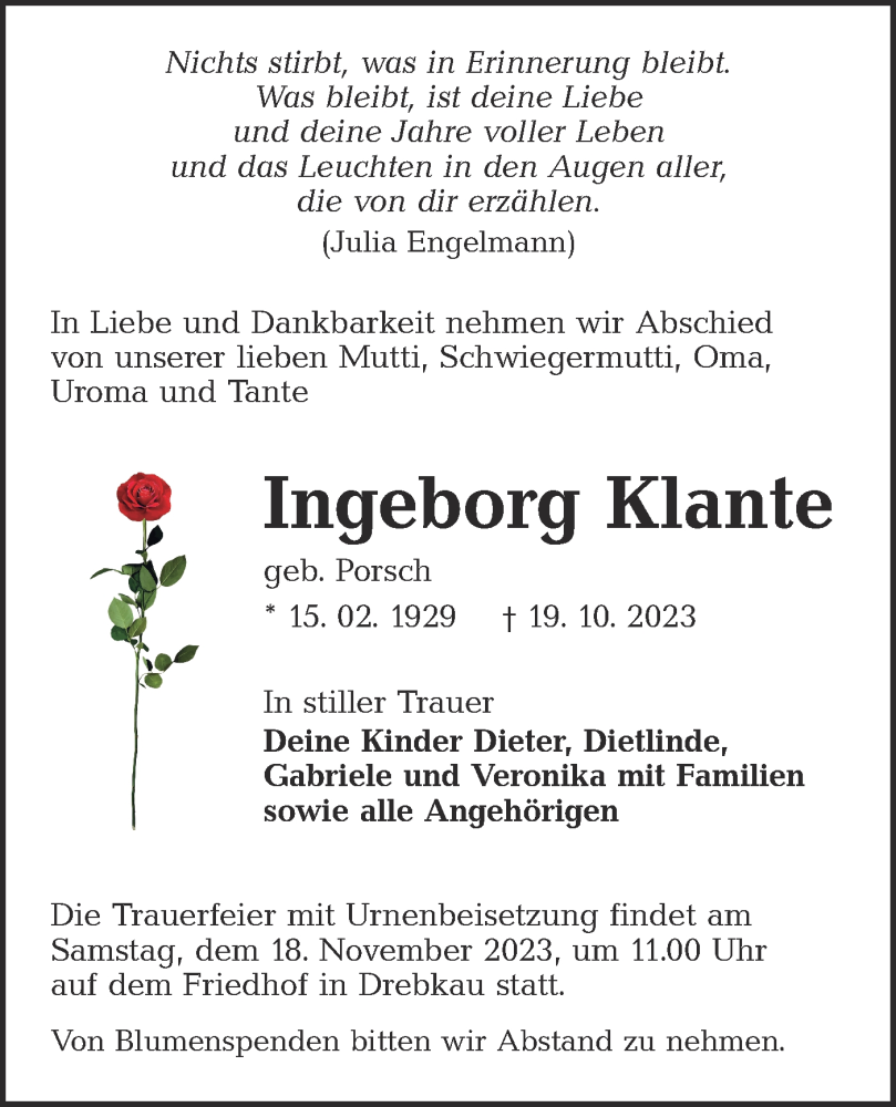 Traueranzeige für Ingeborg Klante vom 04.11.2023 aus Lausitzer Rundschau