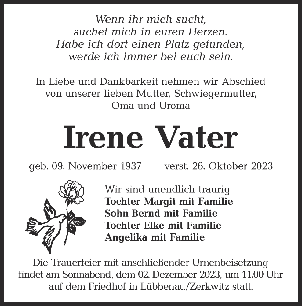  Traueranzeige für Irene Vater vom 18.11.2023 aus Lausitzer Rundschau