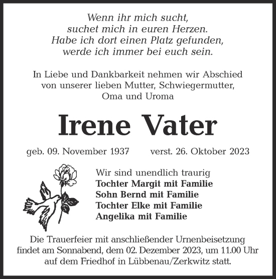 Traueranzeige von Irene Vater von Lausitzer Rundschau