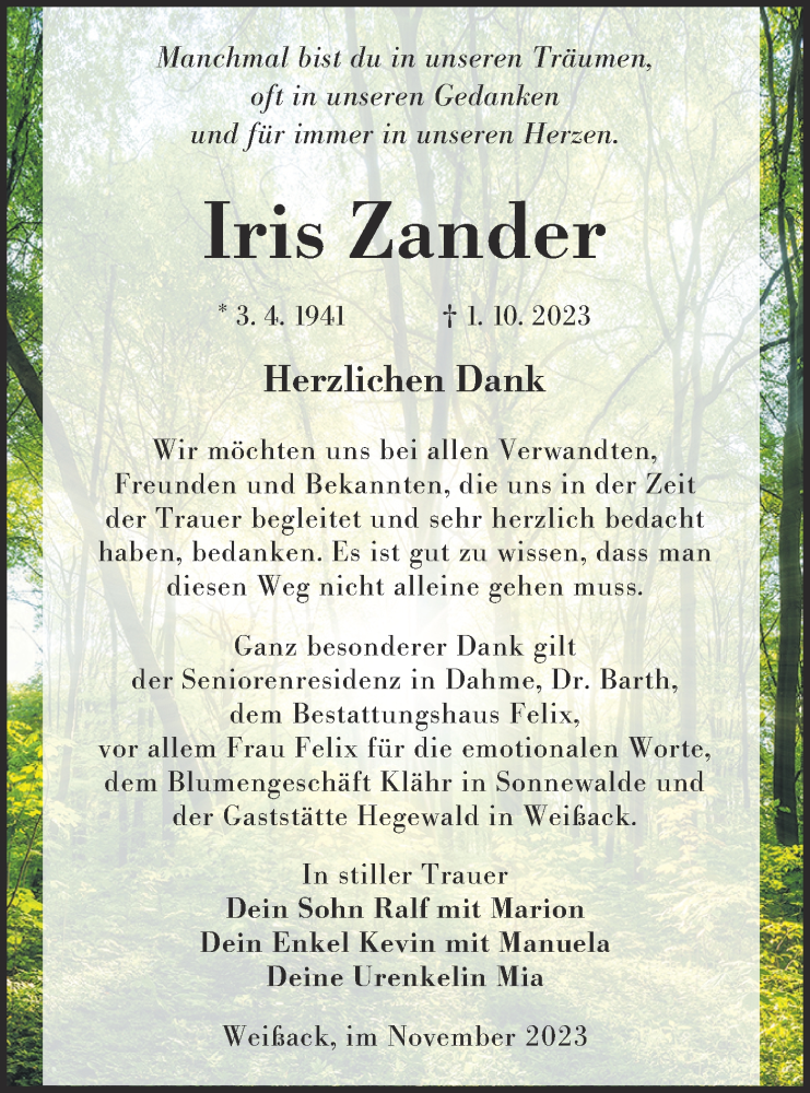  Traueranzeige für Iris Zander vom 18.11.2023 aus Lausitzer Rundschau