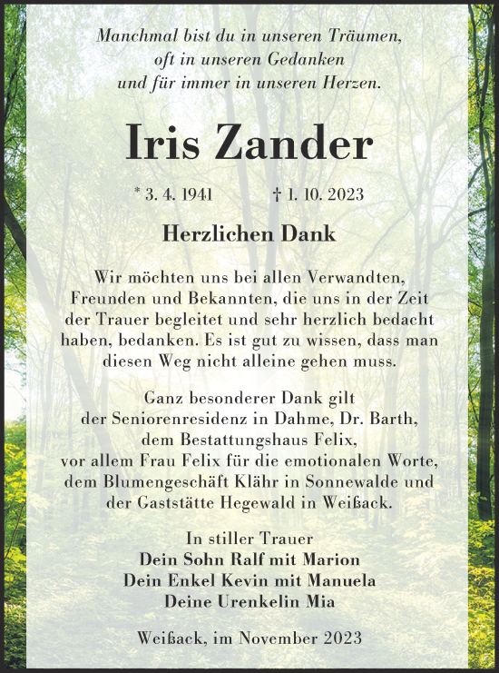 Traueranzeige von Iris Zander von Lausitzer Rundschau