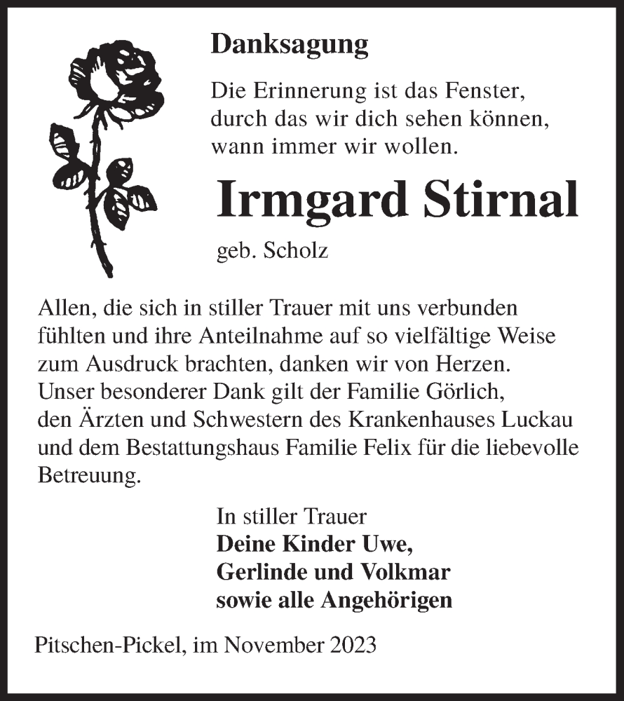  Traueranzeige für Irmgard Stirnal vom 25.11.2023 aus Lausitzer Rundschau