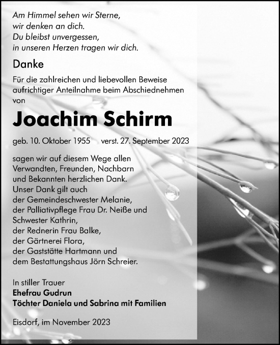 Traueranzeige von Joachim Schirm von Lausitzer Rundschau
