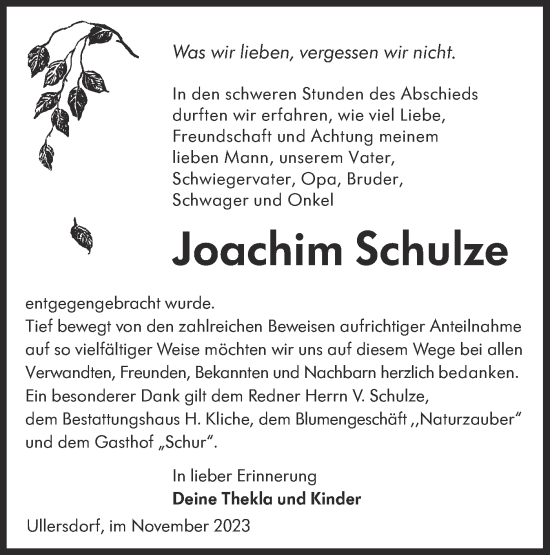 Traueranzeige von Joachim Schulze von Lausitzer Rundschau