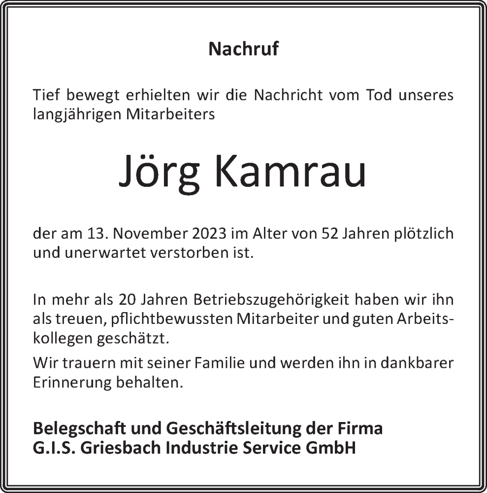  Traueranzeige für Jörg Kamrau vom 25.11.2023 aus Lausitzer Rundschau