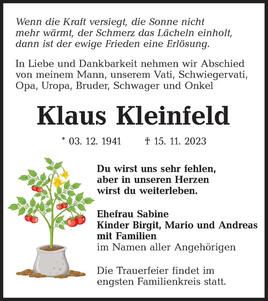 Traueranzeige für Klaus Kleinfeld vom 27.11.2023 aus Lausitzer Rundschau