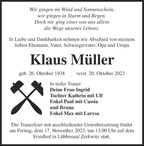 Traueranzeige von Klaus Müller von Lausitzer Rundschau