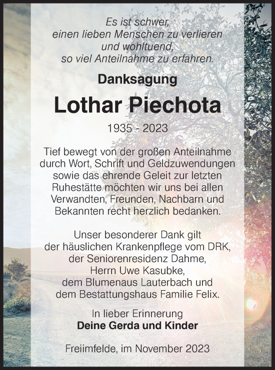Traueranzeige von Lothar Piechota von Lausitzer Rundschau